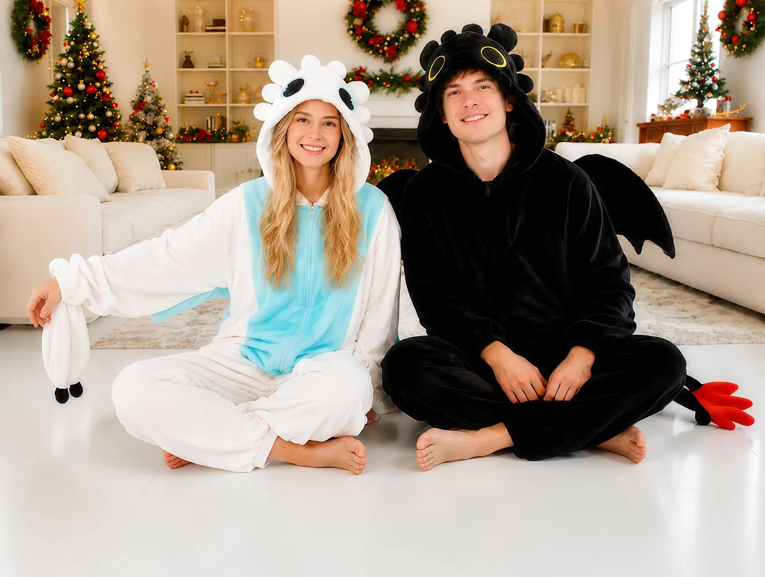 Couple Black & White Dragon Plush Onesies Pajama Set, Women's Clothes Outfits - Adult Couple Gifts for Christmas, Cosplay Sleepwear Loungewear