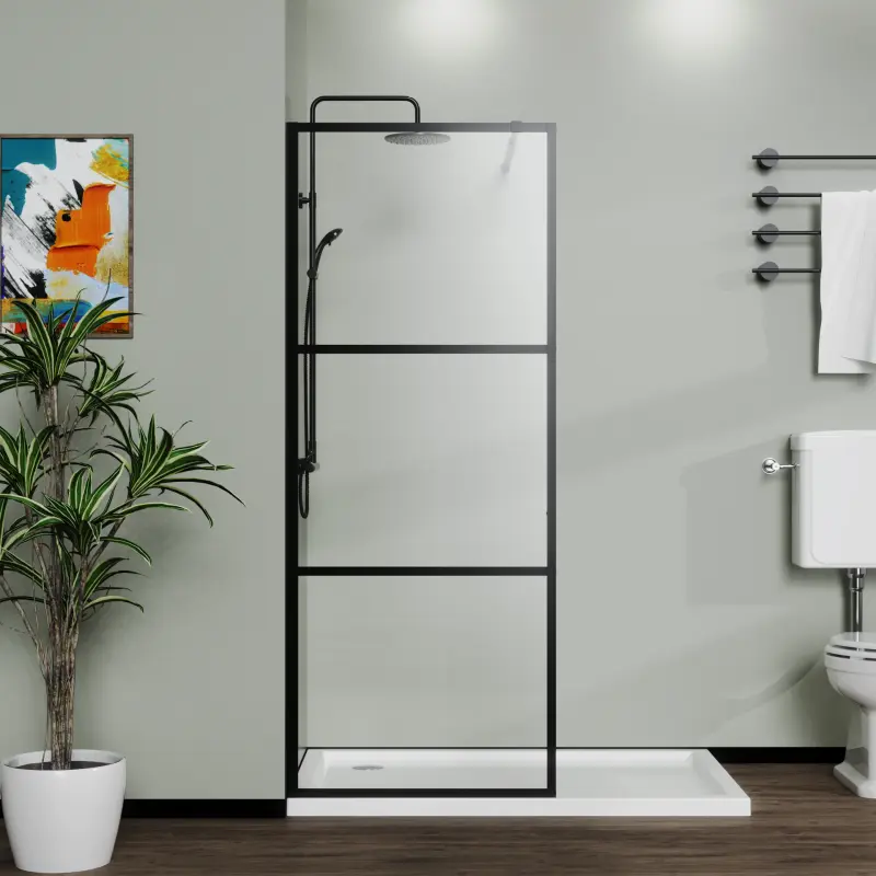 Goodyo 34.00x72.00 in Wall Mounted Tempered Glass Walk-in Wet-Room Shower Screen Door, Black 3-Panel Adjustable Single Fixed Panel Room Divider, High-Quality Premium Material, Stable Sturdy Open Entry, Easy Install
