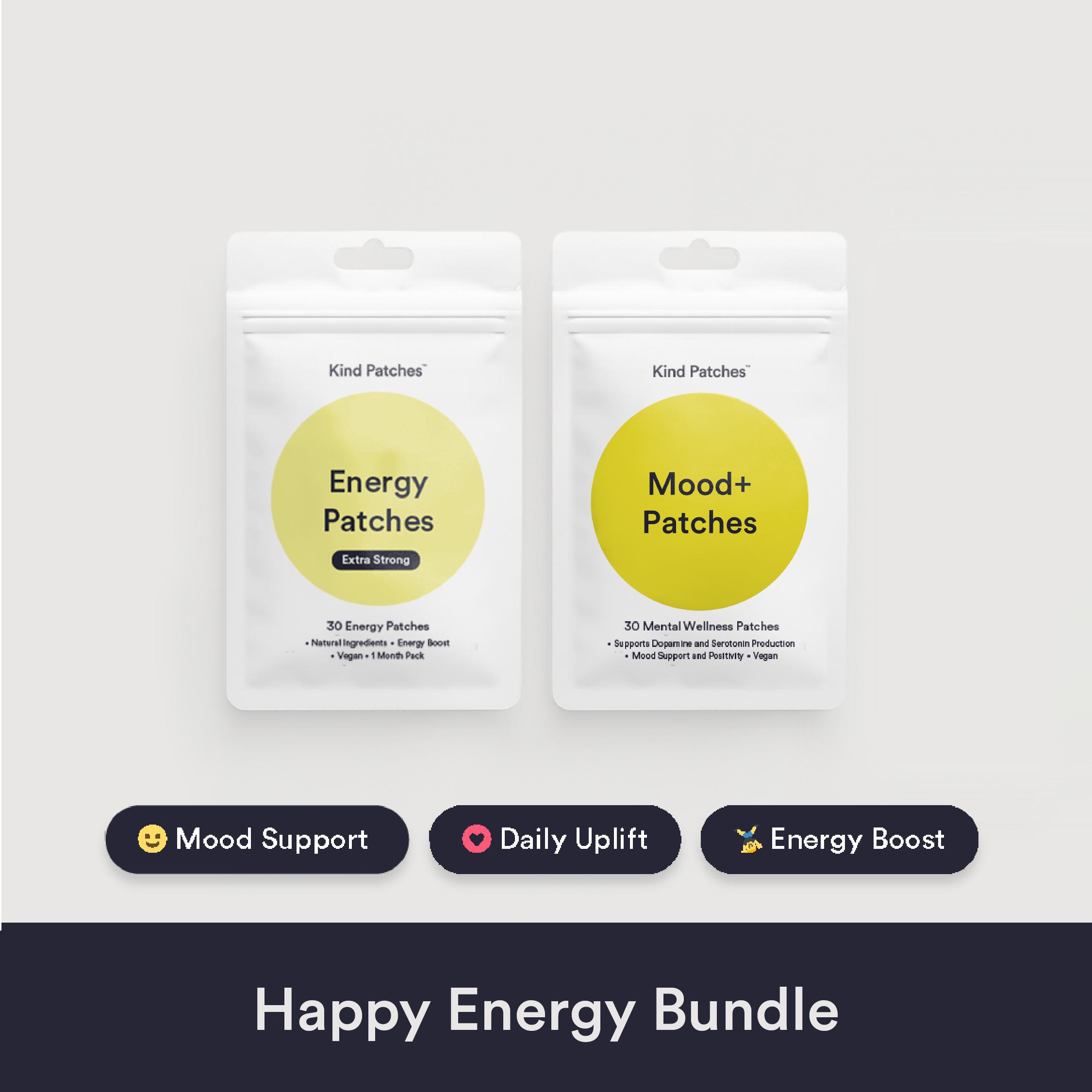 Kind Patches Happy Energy Bundle, 30 Mental Wellness Patches+30 Energy Patches, Supports dopamine and serotonin production, Caffeine, Red ginseng, Steady Release,Vegan