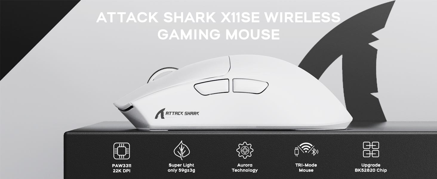 ATTACK SHARK X11SE Lightweight Wireless Gaming Mouse, 59g Tri-Mode BT/2.4G Wireless/Wired Gaming Mouse, PixArt PAW3311 Gaming Sensor, 22000 DPI, Office Mice with Tape for PC/Xbox/Win/Mac (Black) ATTACK SHARK X11SE Lightweight Wireless Gaming Mouse, 59g Tri-Mode BT/2.4G Wireless/Wired Gaming Mouse, PixArt PAW3311 Gaming Sensor, 22000 DPI, Office Mice with Tape for PC/Xbox/Win/Mac (Black)