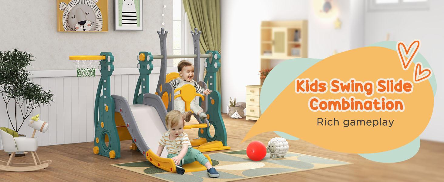 Qaba 3 in 1 Toddler Swing and Slide Set, Kids Slide with Climber, Ultra-Safety, Basketball Hood, Baby Playground Set, Fun Indoor/Outdoor Playset Exercise Toy for Ages 1.5-3