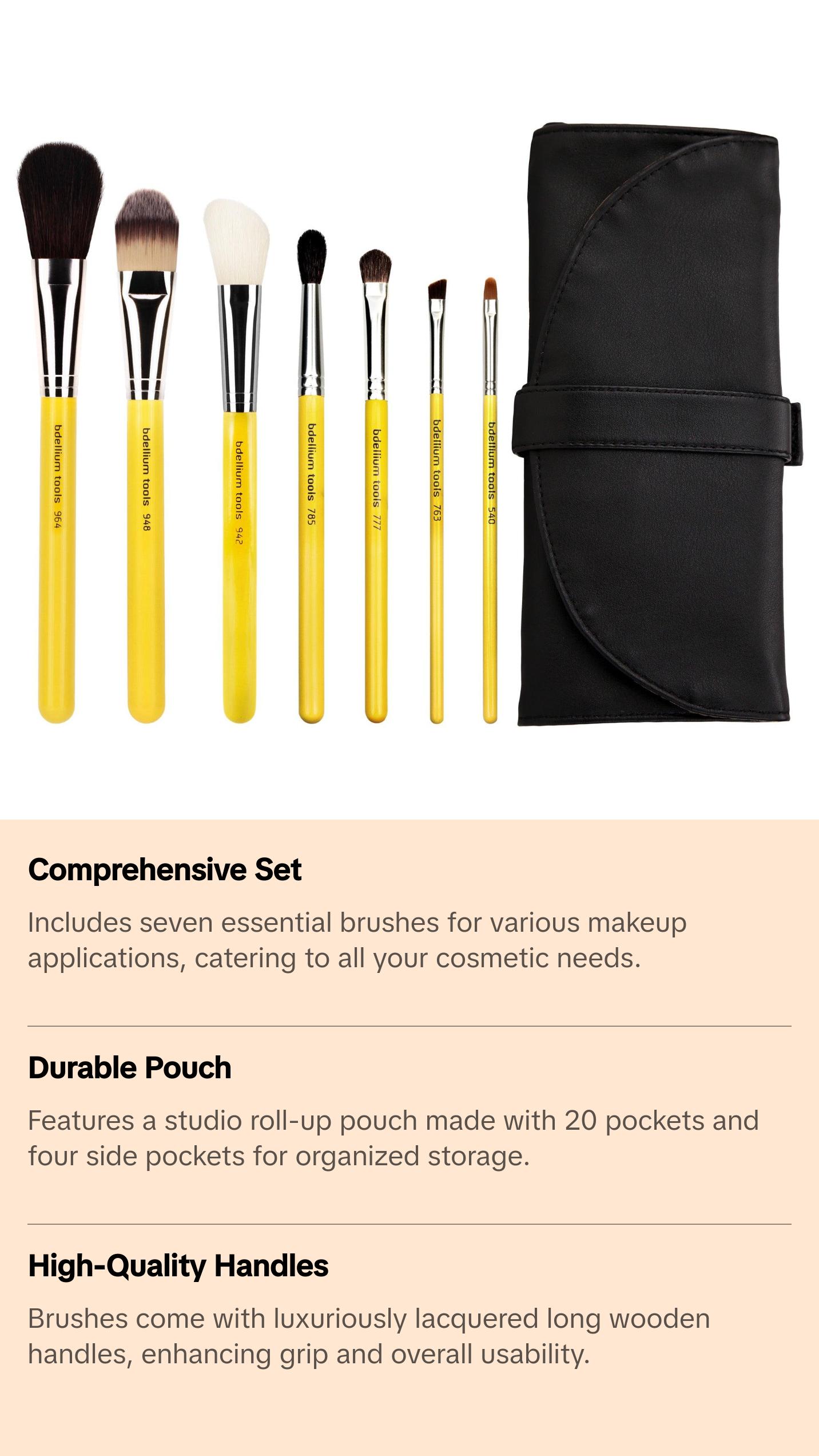Bdellium Tools Studio Basic 7pc Brush Set with Roll-up Pouch - Includes 964S AP Blusher, 948S Foundation, 942S Slanted Contour, 785S Tapered Blending, 777S Shadow, 763S Angled Brow, 540S Precision Liner - Perfect for Flawless Makeup Application