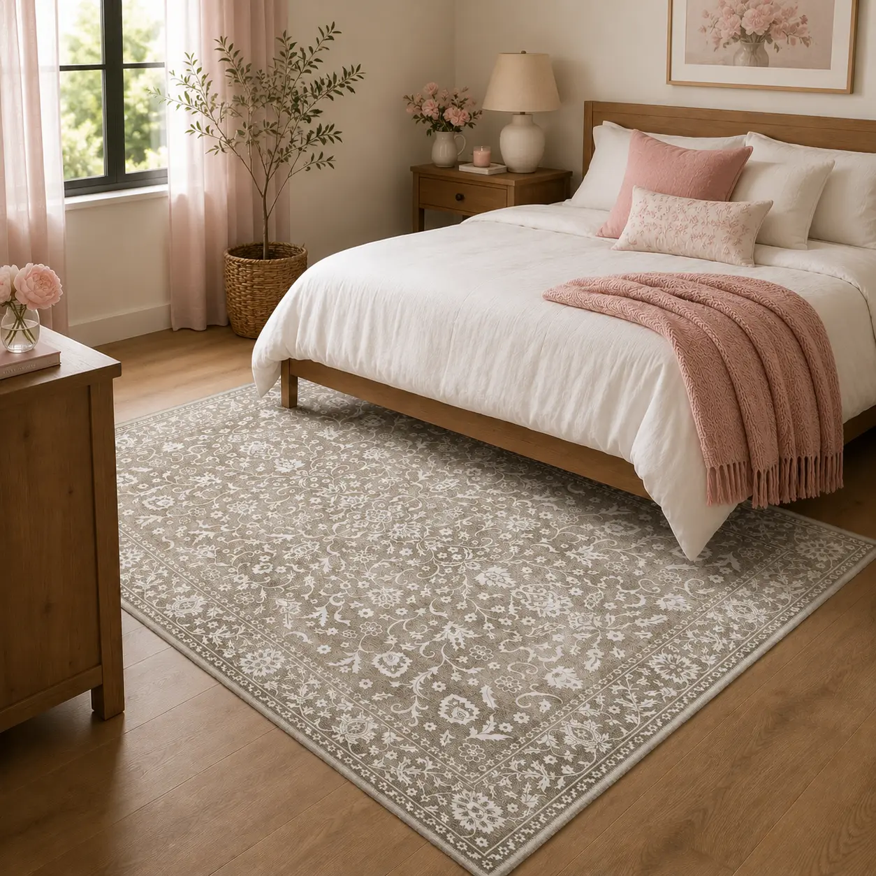【Back To School】GENIMO Area Rugs for Bedroom Machine Washable Non Slip Low Pile Vintage Floral Print Rugs, Lightweight Throw Rug for Living room Dining Room Home Office, Full Coverage Persian Style Dusty Taupe