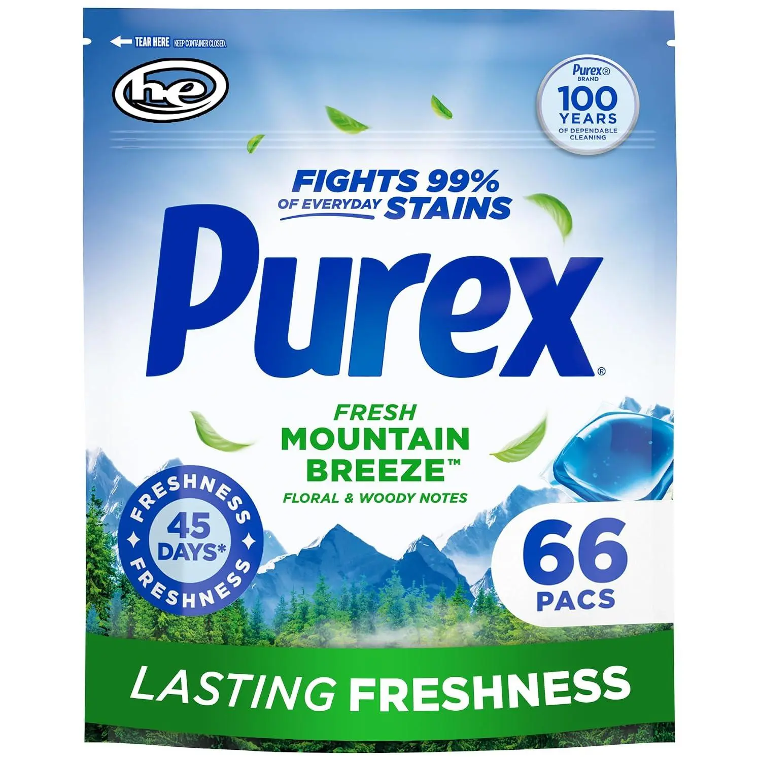 Purex Fresh Mountain Breeze Laundry Detergent Pacs, 66 Count | Convenient single-use pods, dissolves in all water temperatures, effective stain removal, crisp scent, mess-free washing
