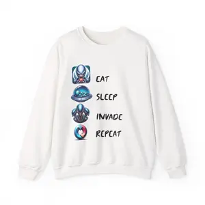 Eat Sleep Invade Repeat Alien Sweatshirt | Alien Graphic Crewneck - Casual Knit, 50/50 Cotton-Poly Blend, Tubular Knit, Embroidered Details