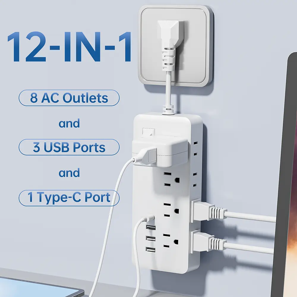 12 in 1 power socket with 8 AC sockets, 3 USB ports, and 1 Type-C interface, short wire design, surge protection and lightning protection, main switch design, standard American plug, suitable for office, home, and travel - black/white optional