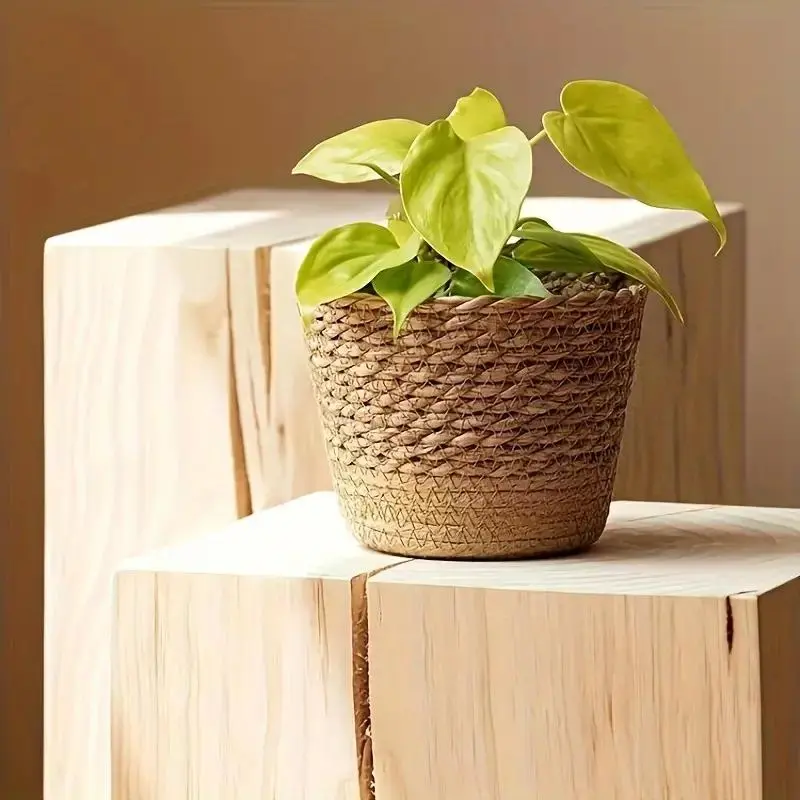 Handwoven Seagrass Planter Pot, Decorative Pot, Unique Texture Natural Grass Woven Plant Basket, Lightweight Indoor Home Decor, Casual Style Greenery Holder with Plaid Accessory