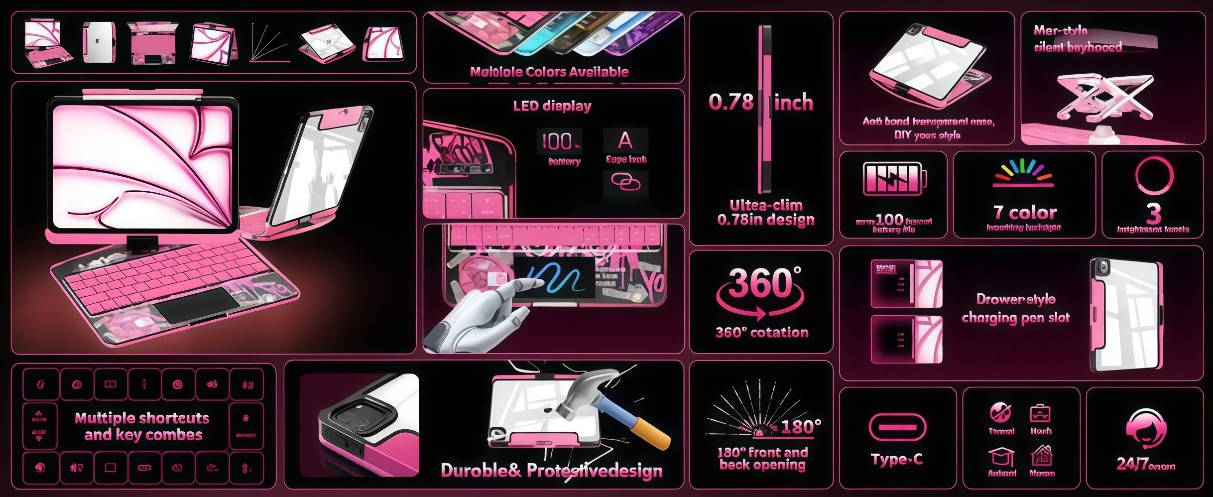 DarlingCase Y2k Pink iPad keyboard Case– 360° Rotating Multi-Touch Trackpad, RGB Backlit Keyboard, Transparent Back, Pencil Holder, Type-C Charging,for ipad 10th gen case ipad a16 case Tablet Cyberpunk Wireless  Digital