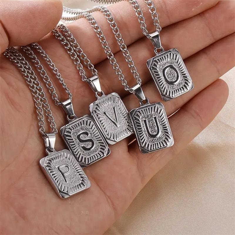 Jewelfairy Silver Color Square Initial Letter A-Z Pendant Necklace for Men Women 3/5mm Stainless Steel Cuban Chain Name Pendant Necklace