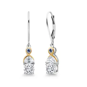 Gem Stone King Two-Tone 5MM Cushion Gemstone Birthstone Half Moon White Moissanite and Blue Created Sapphire Dangle Earrings for Women | 925 Silver and 10K Yellow Gold | 1.2 Inch Drop | Fine Jewelry for Her Mom Wife