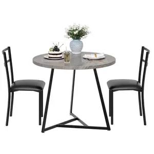 Grey Round Dining Table Set for 2, Modern Kitchen Table Chairs Set of 2,Small Dining Room Table Set with 2 Upholstered Chairs, Furniture Set Dinette for Small Place,Apartment