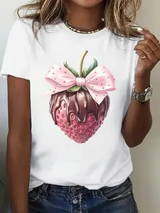 100% Cotton Sweet Chocolate Strawberry Graphic Print T-shirt, Short Sleeve Crew Neck Casual Top for Summer & Spring, Women's Clothing