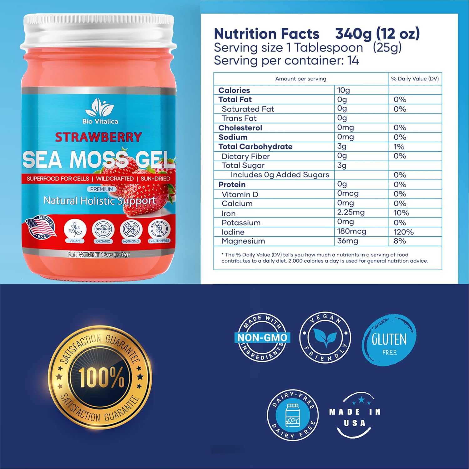 Sea Moss Gel - Irish Sea Moss Raw Gel Strawberry Flavor | Vegan Superfood Supplement Rich in Minerals & Vitamins – Boosts Immunity, Metabolism, Skin, Hair & Digestion Healthcare Dietary Organic Fitness Edible