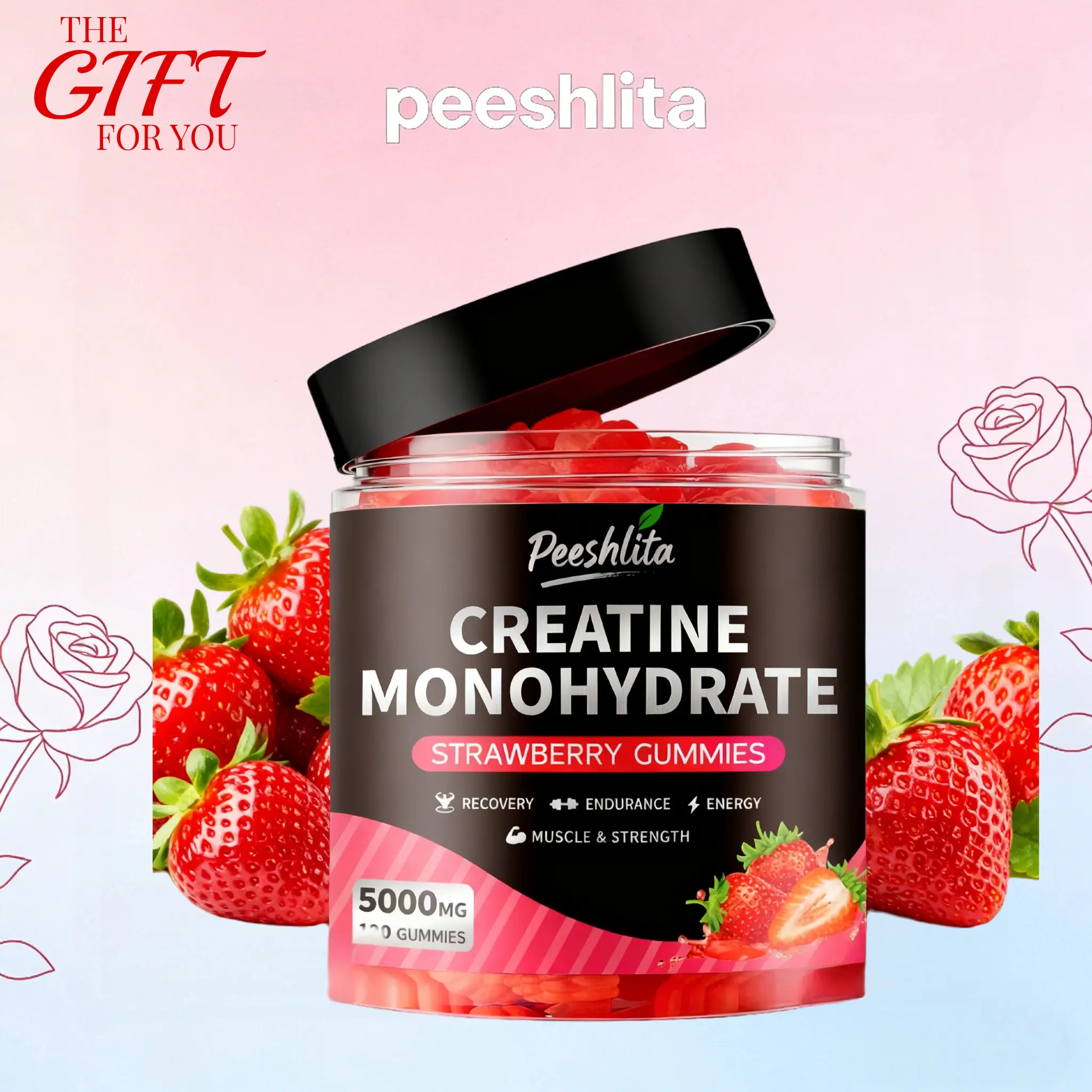 Peeshlita Chewable Creatine Monohydrate Gummies, 120 CT, 5000mg per Serving, Sugar-Free Strawberry Flavor, Muscle Strength Builder & Energy Boost for Men & Women
