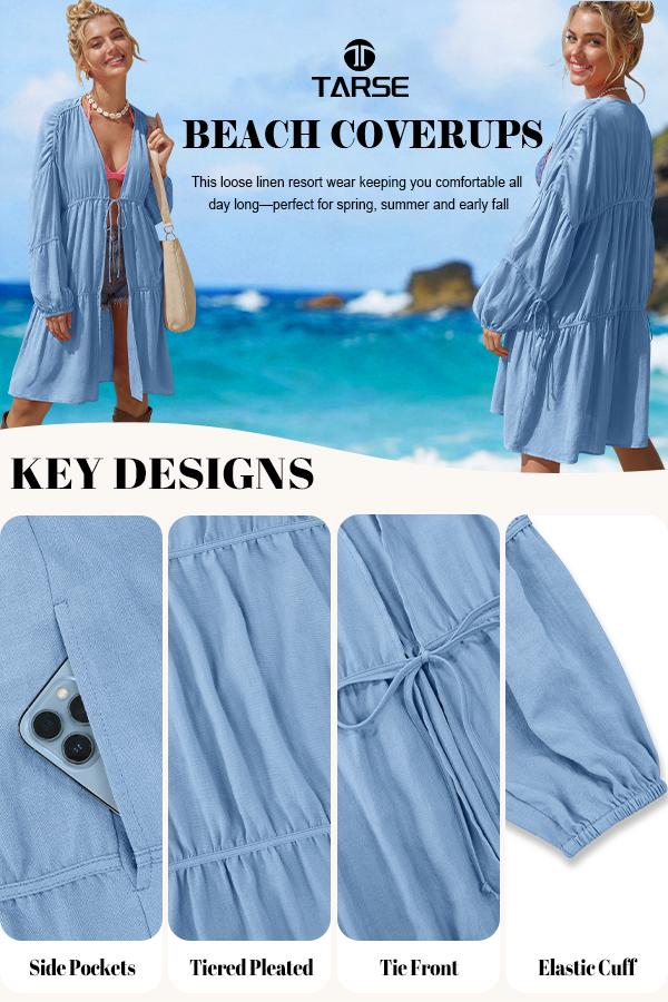【SS26 Collection】TARSE Womens Oversized Swimsuit Cover Up Linen Blend Tie Front Kimono Long Cardigan Pleated Ruffle Flowy Coverup Beachwear with Pockets Vacation Outfits