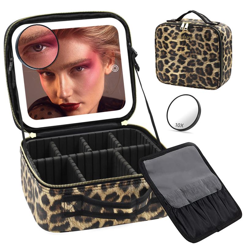 Portable Travel Makeup Bag with LED Mirror, 3 Color Light Settings, Rechargeable Cosmetic Organizer Case for Women, Portable Vanity Box for Beauty Essentials Zip