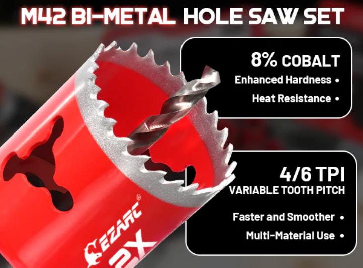 EZARC Tools 16Pcs Bi-Metal Hole Saw Kit Set with 3/4"-2-1/2" for Wood Metal Plywood PVC Board HSS 8% Cobalt High Efficiency