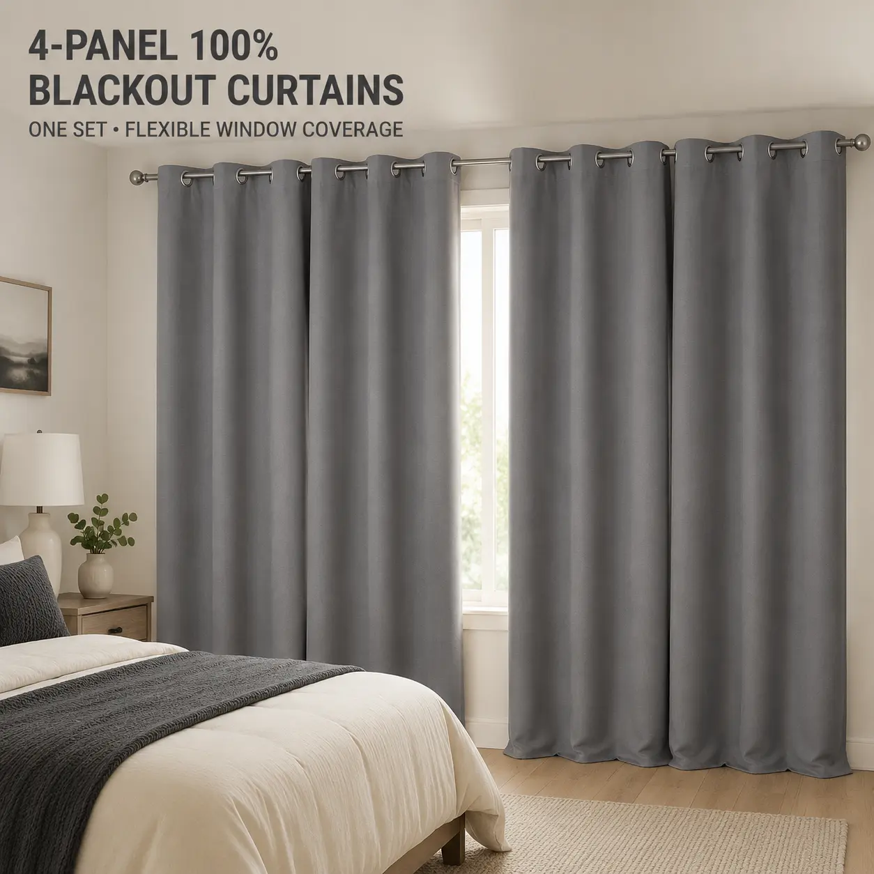 4-Panel Plain Linen-Look 100% Blackout Curtain Set, Black Inner Lining Lightweight Silver Grommet Drapes for Bedrooms/Living, Home Interiors Privacy Household Textiles (Multiple Colors & Sizes)