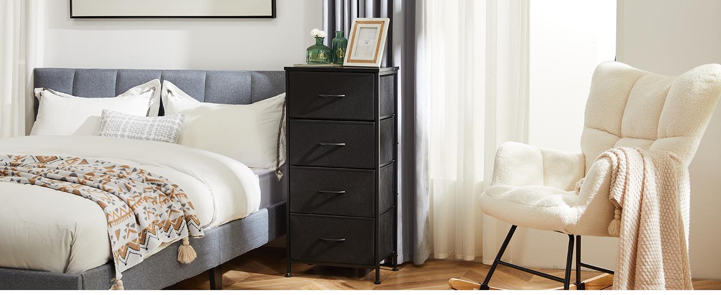 Dresser for Bedroom, Storage Drawers, Skinny Fabric Storage Tower with 4 Drawers, Tower Organizer Unit, Chest of Drawers with Wooden Top Dresser for Bedroom, Storage Drawers, Skinny Fabric Storage Tower with 4 Drawers, Tower Organizer Unit, Chest of Drawers with Wooden Top