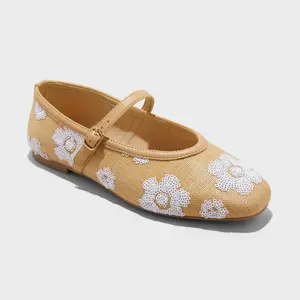 Women's Issa Raffia Floral Sequin Mary Jane Ballet Flat with Memory Foam Insole - A New Day Tan 11