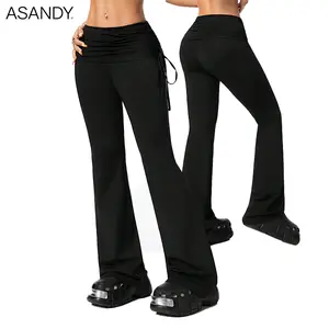ASANDY High-Waist Flare Pants – Ruched Fold-Over Waist with Side Tie, Stretch Bootcut Trousers for Y2K Streetwear & Loungewear