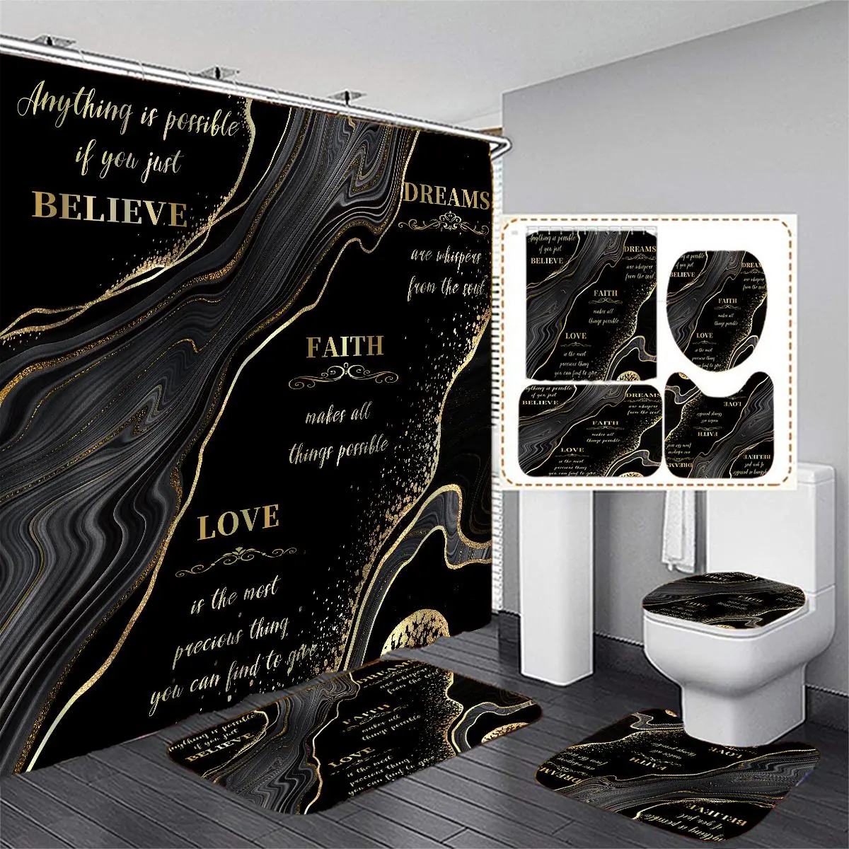Letter and Black Marble Pattern Bathroom Set, 4 Counts/set Non-Slip Bath Mat, Toilet Lid Mat, U-Shaped Contour Rug and Waterproof Shower Curtain with Hooks, Home Bathroom Decor and Accessories