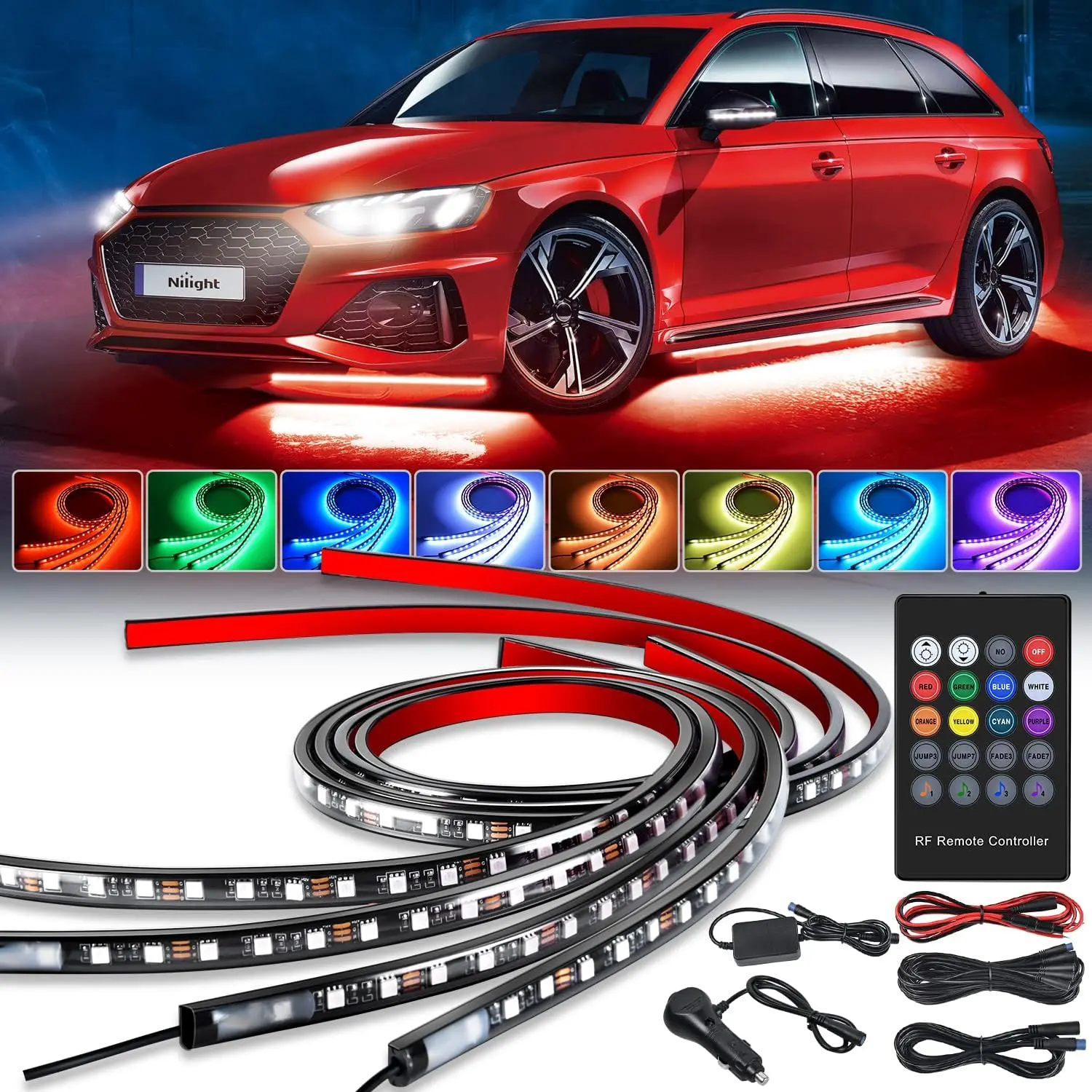 Nilight 4Pcs Underglow Neon Accent Strips, 252-LED RGB 8-Color Sound-Active Music Mode, Wireless Remote Control Underbody Lights for Van SUV, LED Car Ambient Light Vehicle Decoration, Car Ambient Lighting, Car Accessories