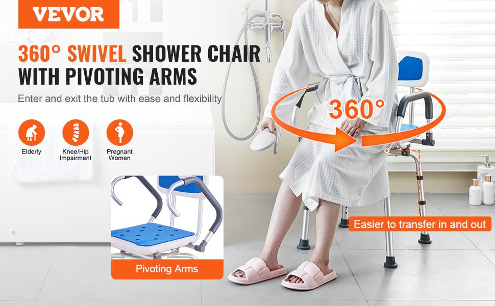 VEVOR Non-Slip Shower Chair, 360° Swivel Bathtub Shower Stool with Pivoting Arms & Padded Seat and Back, Height Adjustable Rotating Bathtub Shower Seat for Elderly Disabled, Max 500LBS Capacity VEVOR Non-Slip Shower Chair, 360° Swivel Bathtub Shower Stool with Pivoting Arms & Padded Seat and Back, Height Adjustable Rotating Bathtub Shower Seat for Elderly Disabled, Max 500LBS Capacity