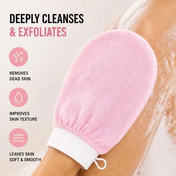 Pink exfoliating shower mitt