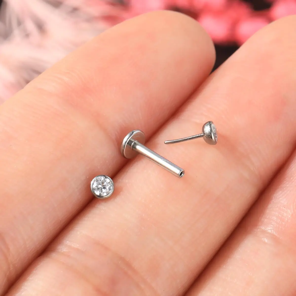 OUFER 16G Titanium Body Jewelry - Elegant Tiny Bezel CZ Threadless Push Pin Flat Back Earrings, Women's Earlobe Stud for Cartilage, Labret, Nose Piercings, Decorative Pins Earrings, Crystal Rhinestones Earrings