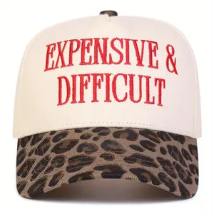 EXPENSIVE DIFFICULT Baseball Cap with Leopard Print Brim and Embroidered Text for Stylish Outfits Valentine's Day gifts