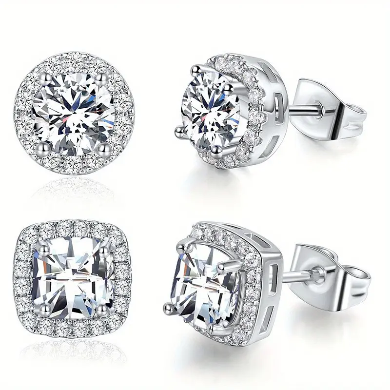 2Pairs Hypoallergenic Cubic Zirconia Stud Earrings - 14K Gold/Silver Plated Stainless Steel, Round & Square Halo Earrings, Luxury Bridal Jewelry for Everyday Wear