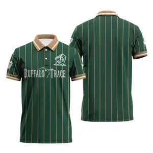 Buffalo Trace Pinstripe Classic Polo Shirt for Men – Buffalo Trace Bourbon Inspired Green Pinstripe Golf Polo, Vintage Whiskey Brand Style Performance Polo Shirt, Casual Sport Polo Tee, Breathable Summer Polo for Men