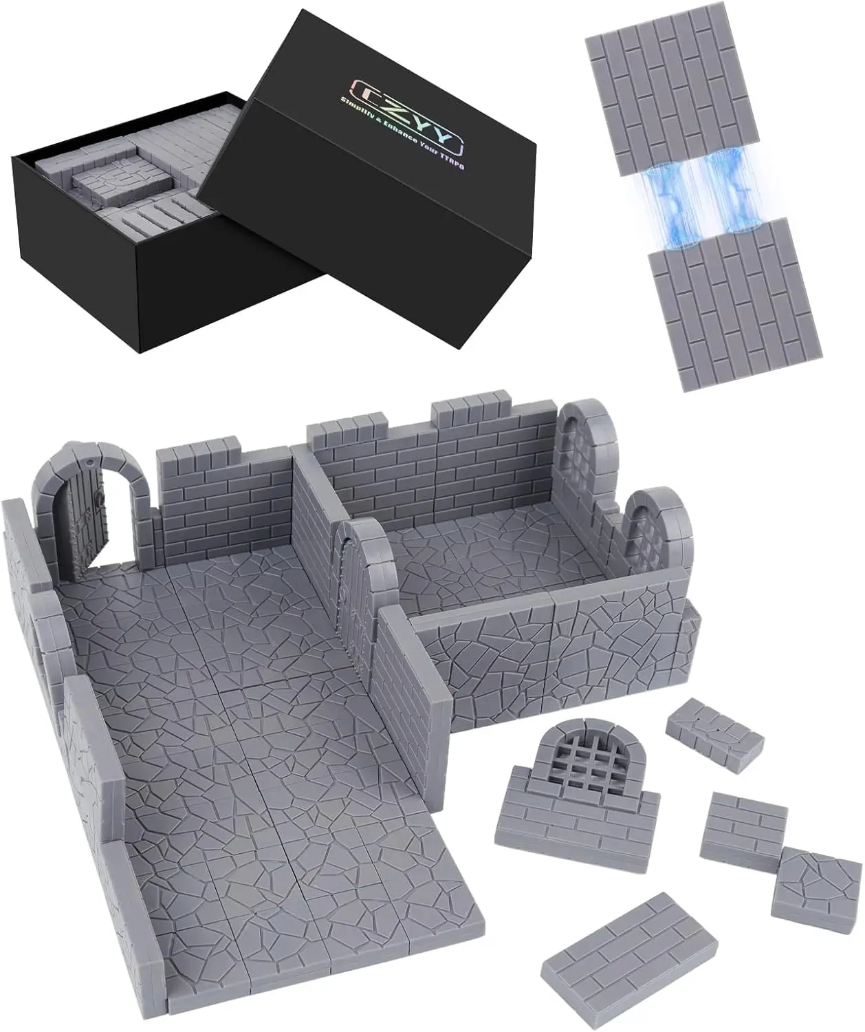 CZYY Durable Magnetic Dungeon Tiles Plastic Terrain Kit - 58 PCS Modular, Paintable Magnetic Snap-Build Building Blocks Model for Construction, Fast 3D Maps, DND RPG Building (Double-Sided Textured Floors, Doors, Windows for DMs)