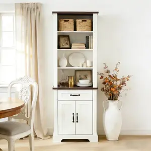 Book Cabinet with 2 Doors and 1 Drawer, Tall Storage Cabinet with Adjustable Shelves, 4 Tier Bookcase with Cabinet for Home Office, Living Room (Antique White)