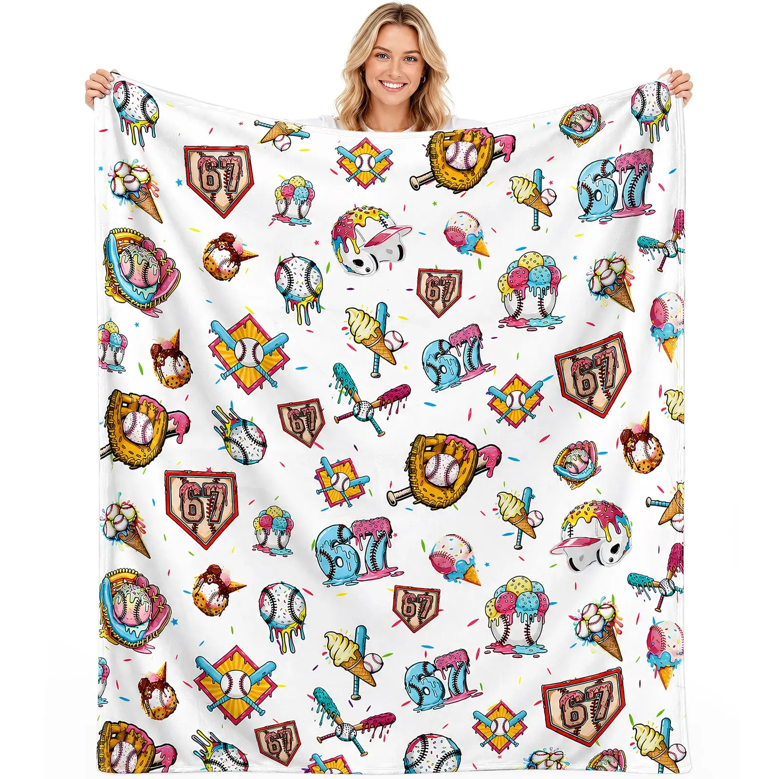 Soft Flannel Ice Cream Drip Baseball Throw Blanket, 60x50 in, Flannel Softness, Party Favors, Team Gifts for Baseball Lovers, Sofa Bed Living Room Decoration
