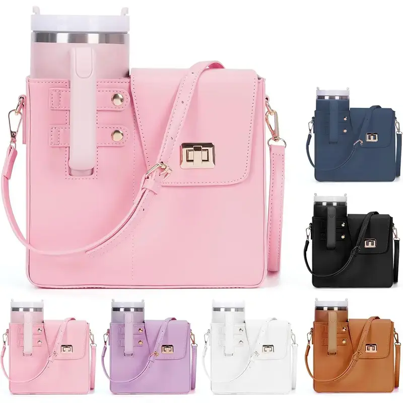 Leather Crossbody Reusable Water Bottle Single Bag, Fits 30oz-40oz Tumblers, with Phone Pocket, Adjustable Strap, for Travel/Gym Drinkware Accessories, Modern