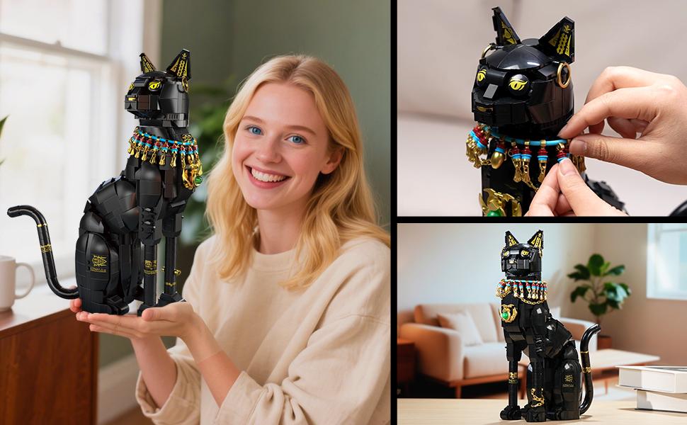 Egyptian Pharaoh Cat Building Set - Animal Black Cat Building Blocks Toy for Adults DIY Crafts Project Egyptian Cat Model for Home Office Decor, Gift for Women Teens Kids Ages 10+ (1274PCS)