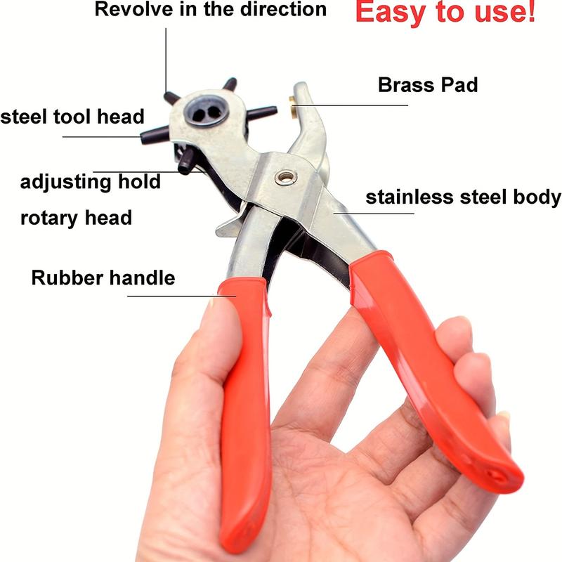 1pc Manual Rotary Belt Punch Perforator - Adjustable Multi-Functional Eye Punch Tool with Ergonomic Red Handles for Sewing, Bag Setting, Watch Belt & Faux Leather Crafting - Belt Punch Hole Tool, Sewing Accessory