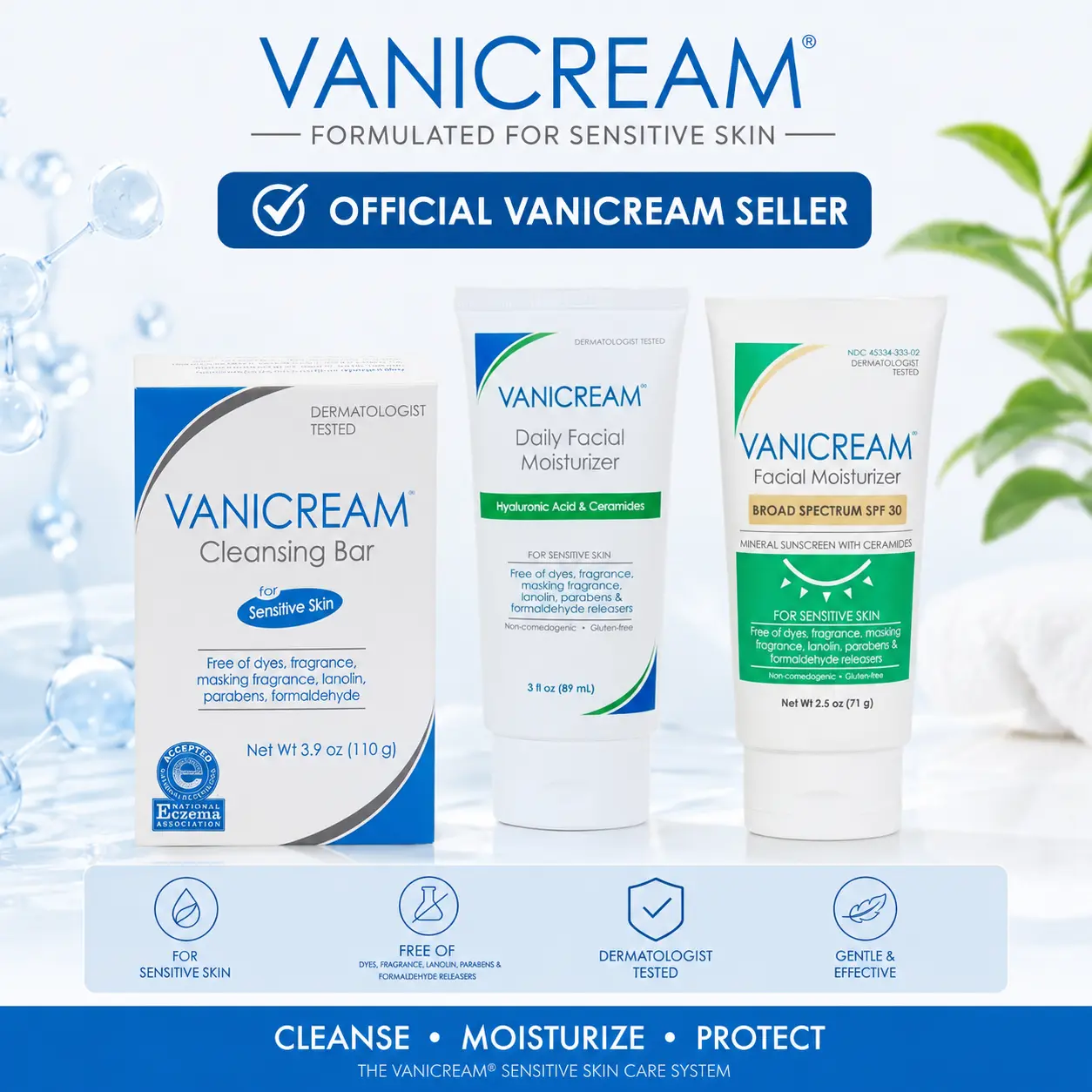 Vanicream Sensitive Skin Complete Care Skincare Kit - Lightweight Moisturizing Cleansing Bar, Daily Facial Lotion, Hyaluronic SPF 30 Sunscreen, Hydrating