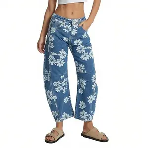 D-Sun Women Printed Barrel Jeans Casual Low Rise Floral Printed Cropped Wide Leg Denim Pants Boyfriend Baggy Jean with Pocket