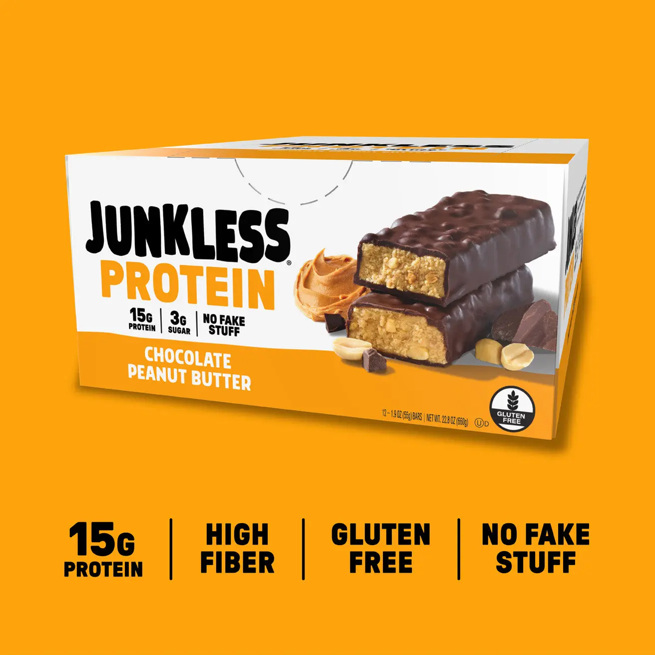 JUNKLESS Protein Bars Chocolate Peanut Butter - 15g Protein, 3g Sugar, High Fiber, Gluten Free, Clean Ingredients