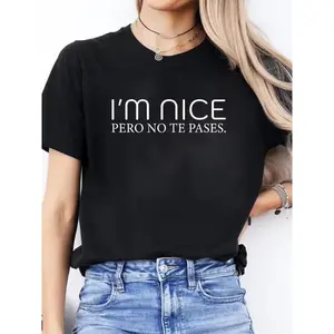 Soft Stretch Women's Casual Short Sleeve T-Shirt | Light Purple Spanish Letter Print "I'M NICE pero no te pasa" - Machine Washable, Everyday Comfort, Relaxed Fit Tee, Spring Summer Top