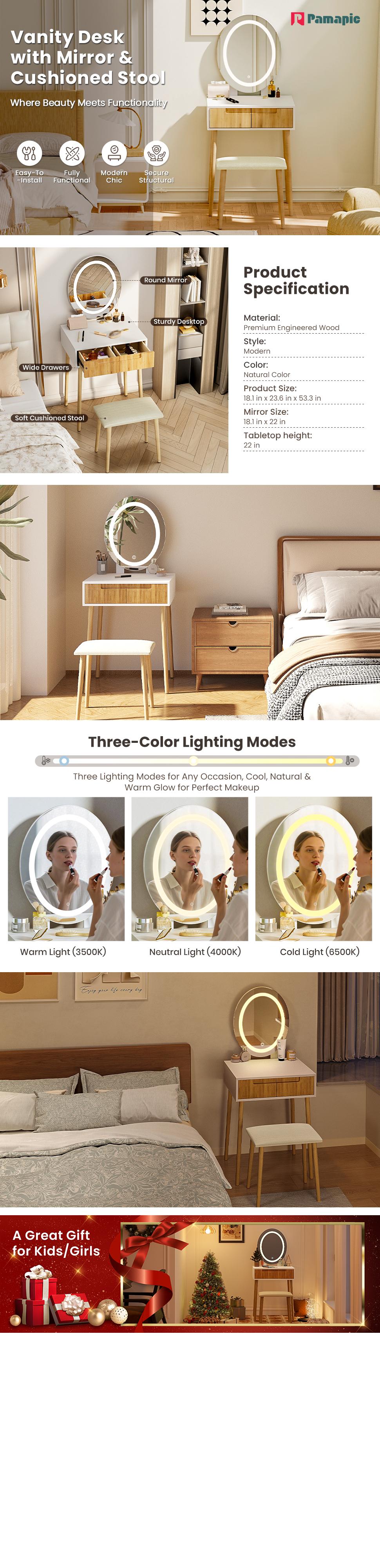 Round Vanity Desk with Mirror and Lights, Elegant Wooden Handles Makeup Vanity with Cushioned Stool, 3 Lighting Modes Dressing Table with Upgraded Slient Sildes, Natural Oak