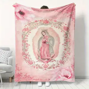 Pink Virgin Mary Printed Flannel Blanket Soft and Warm Digital Print Suitable for Sofa Bedding Travel Camping Living Room Office Machine Washable Modern Style All-Season Multi-Purpose