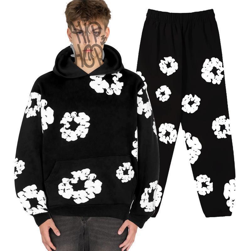 Denim Hoodie Tracksuit 2 Pieces Unisex Y2K Running Clothing Long Sleeve Hoodie Denim TtearsSweatshirt, Denim TersHoodie and PantsGift (Comes with every order)