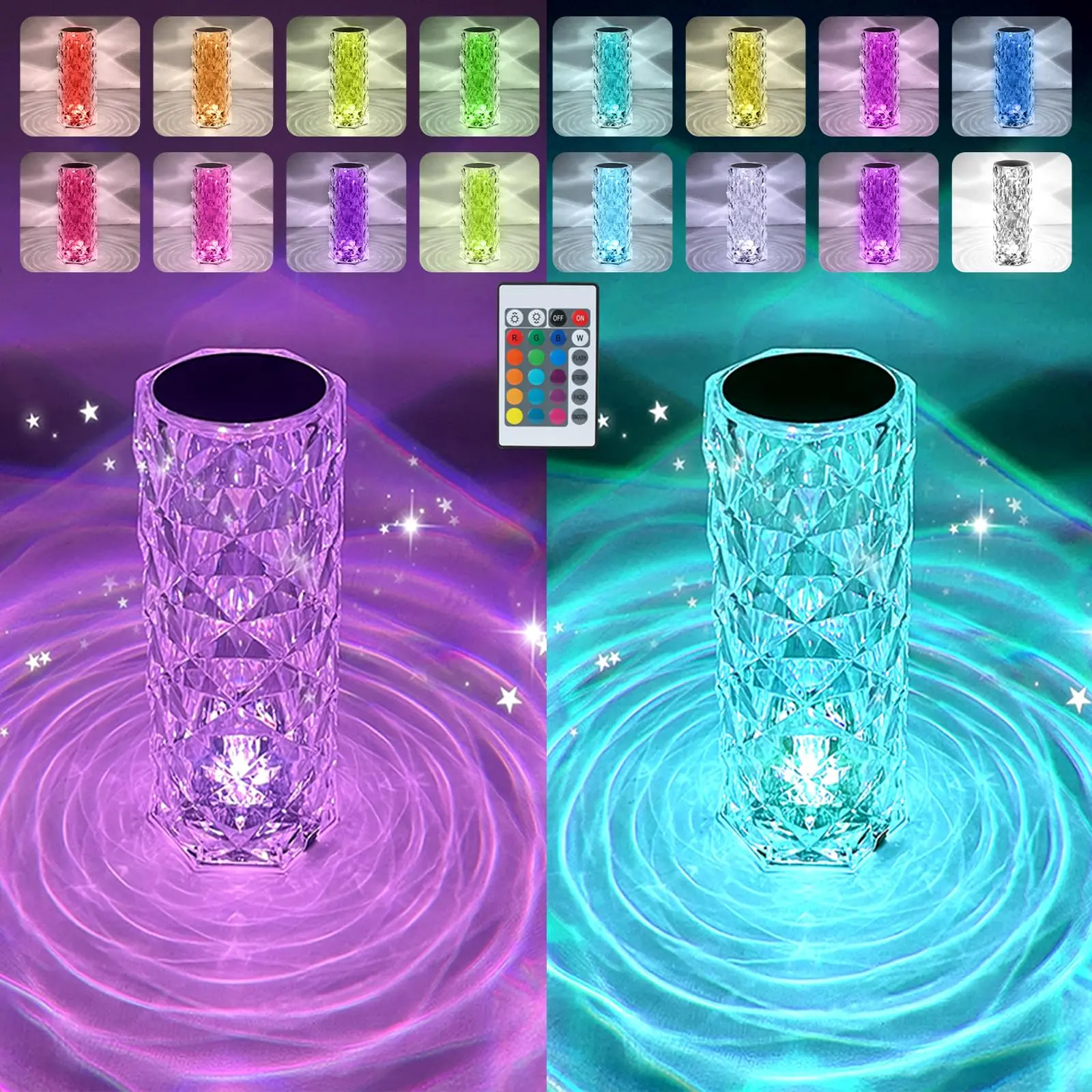 16 COLOUR DISPLAY Artificial Crystal Table Lamp, RGB Color Changing RoseDiamond Table Light With Remote Control, USBCharging Touch Sensor Ambient Lighting, RoomAccessories, Room Decor, Colorful Lights, Atmosphere Light