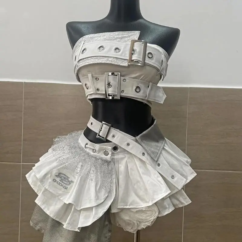 Summer Vintage Elegant Woman 2 Piece Sets Punk Gothic Strapless Crop Tops +High Waist Ruffle Skirt Female Party Outfits 2025