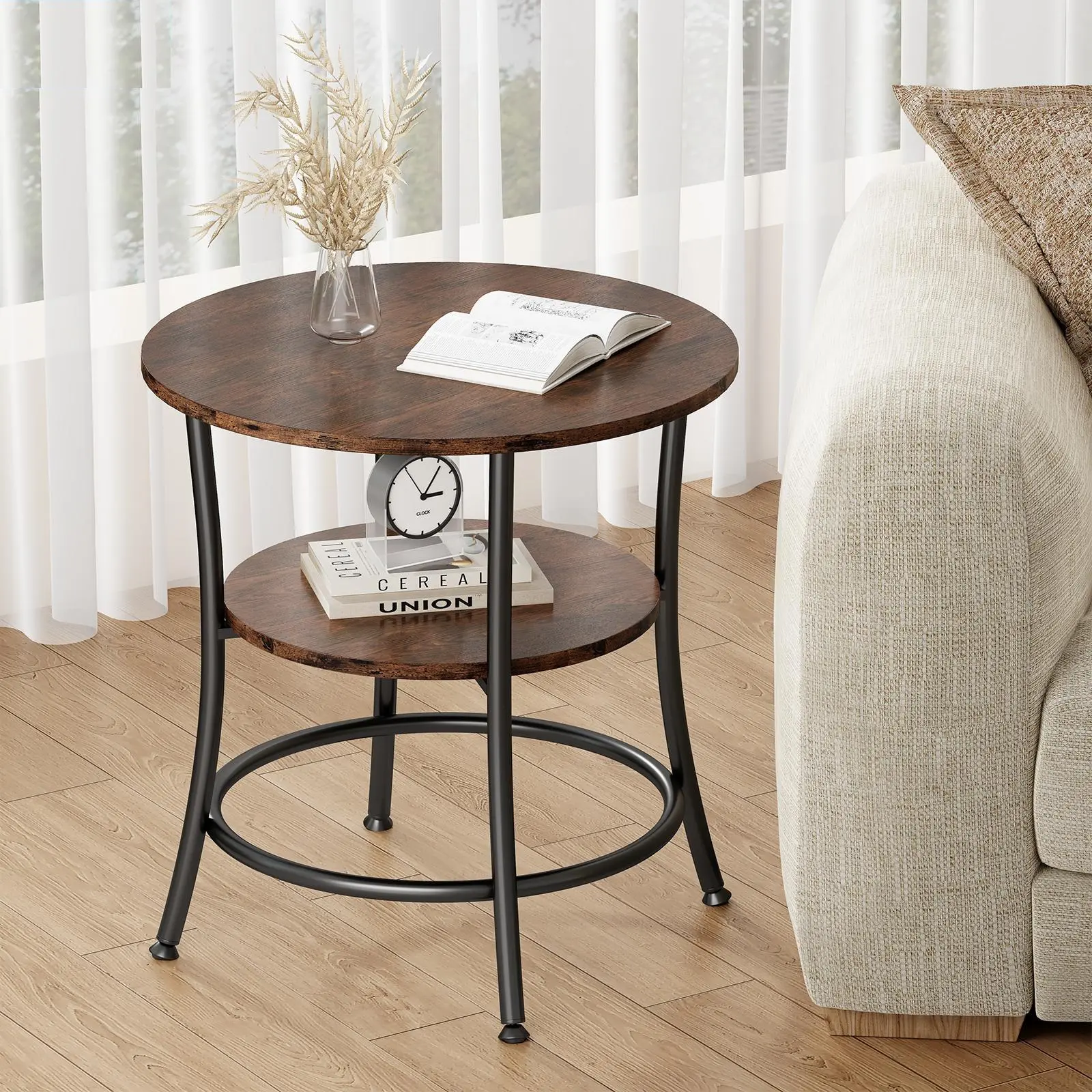 21.7" Round Side Table with Storage Shelf, 2-Tier End Table with Steel Frame & Adjustable Feet, Industrial Nightstand for Living Room, Bedroom & Small Spaces, 66LBS Capacity
