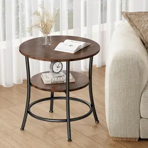 21.7" Round Side Table with Storage Shelf, 2-Tier End Table with Steel Frame & Adjustable Feet, Industrial Nightstand for Living Room, Bedroom & Small Spaces, 66LBS Capacity